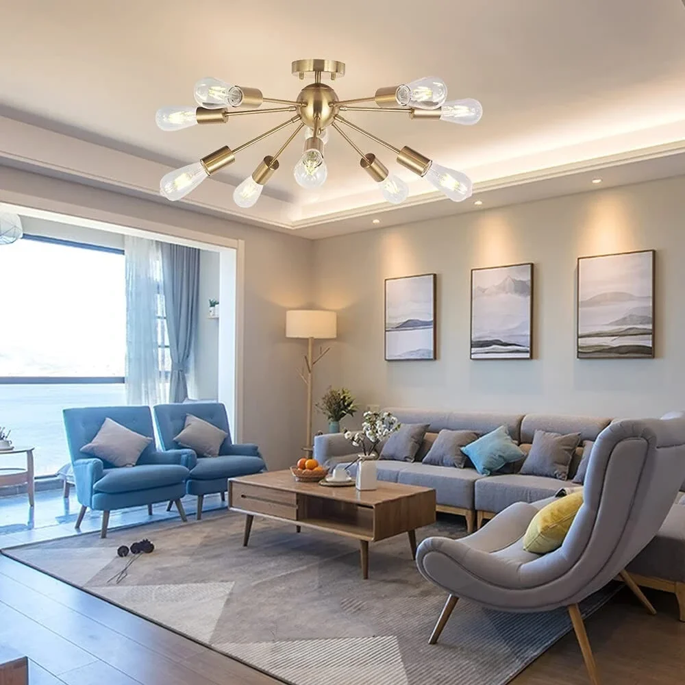 Modern Sputnik Chandelier Brushed Brass‎ 10 Light Flush Mount Ceiling Lamp